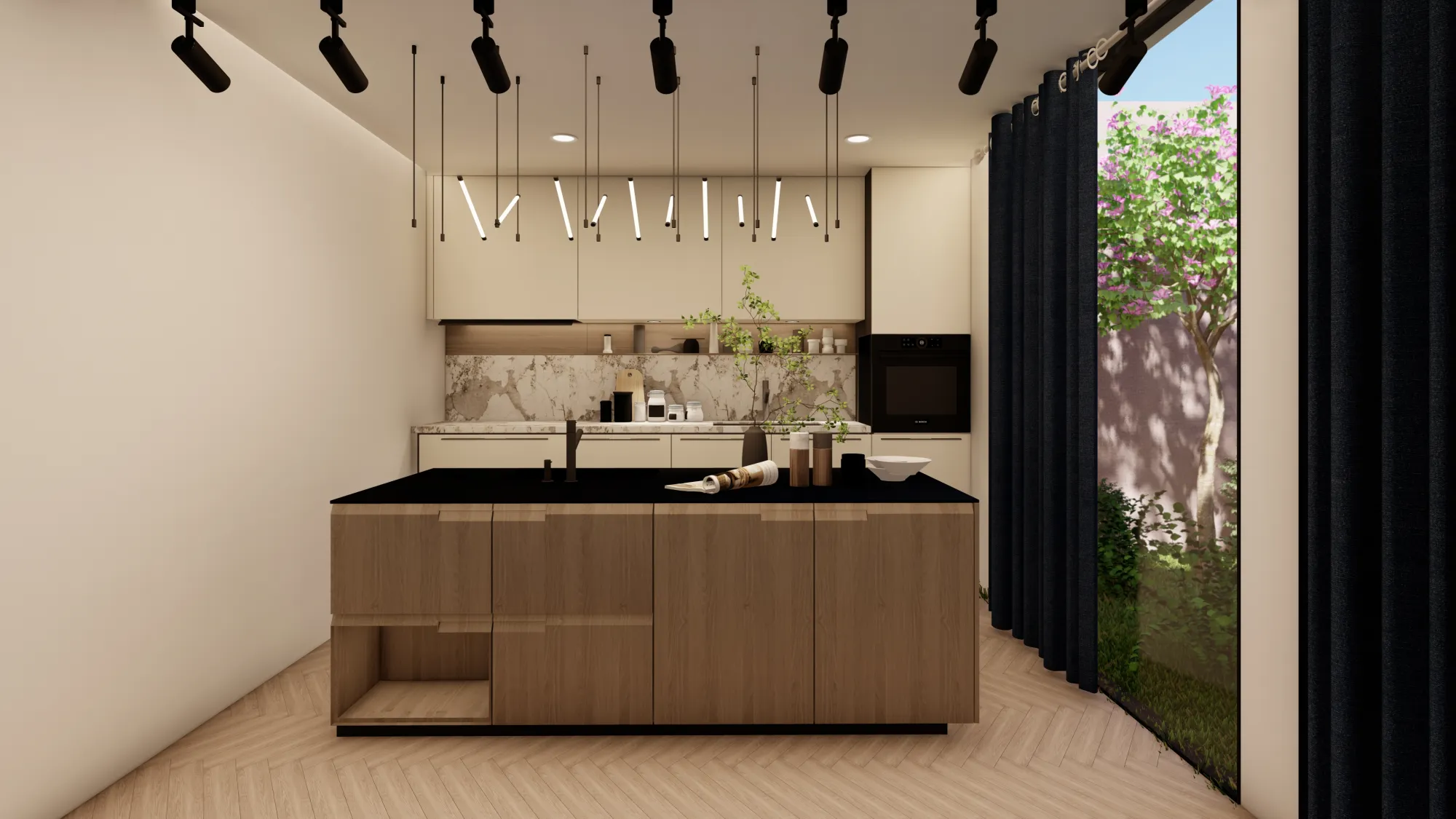 Render del set de cocina: isla de madera con cubierta negra, horno empotrado y ventanal al jardín