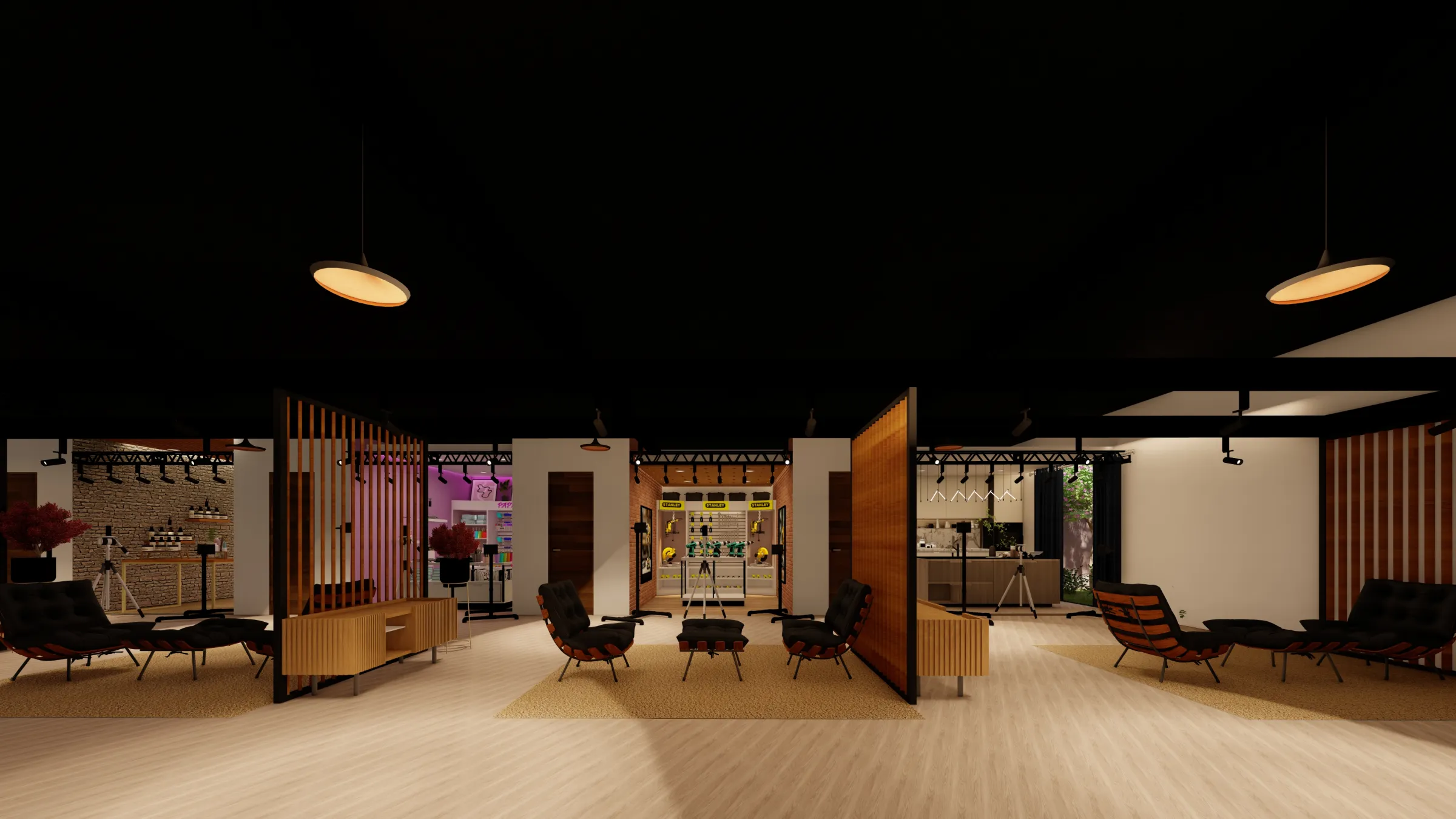 Render del lounge del estudio: sillones frente al set de ferretería